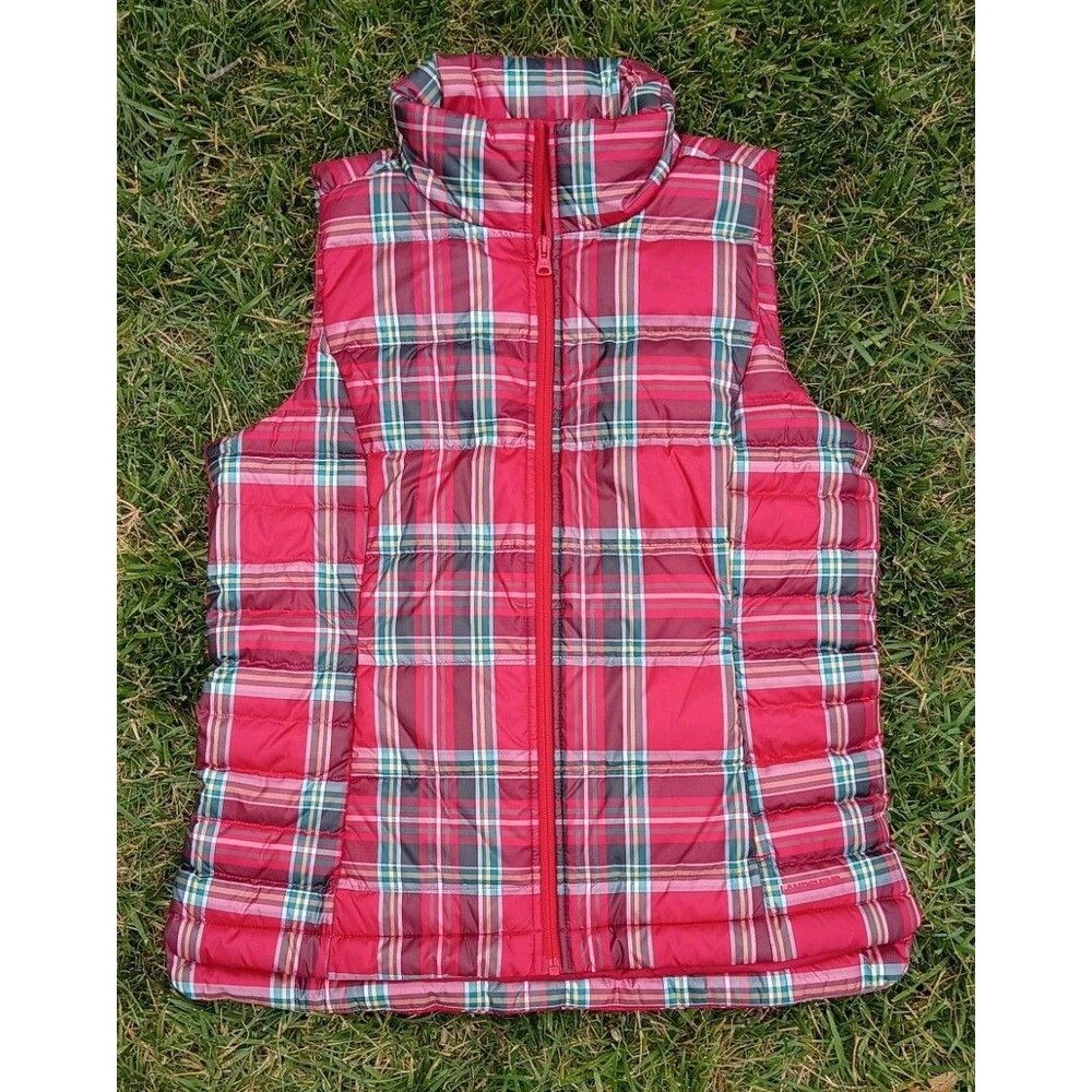 Preppy Lands' End Plaid Puffer Vest Small Red Full Zip Lightweight Quilted